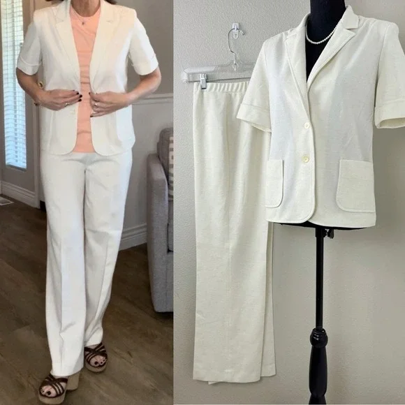 Retro Vintage Power Suit White 70s Wide Leg Pantsuit Short Sleeve Jacket Blazer - Picture 2 of 5